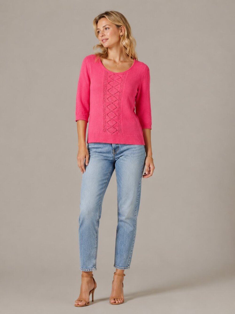 2/$30 AGB Crochet Quarter Sleeve Pullover Sweater Pink Large #8836